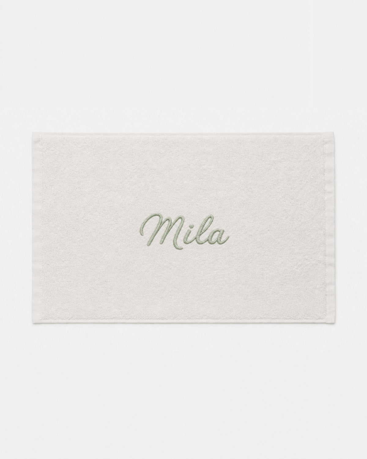 Mila personalized bamboo hand towel, sage green script embroidery on ivory