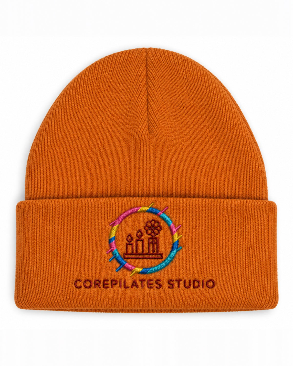 Orange beanie with custom embroidery on the cuff