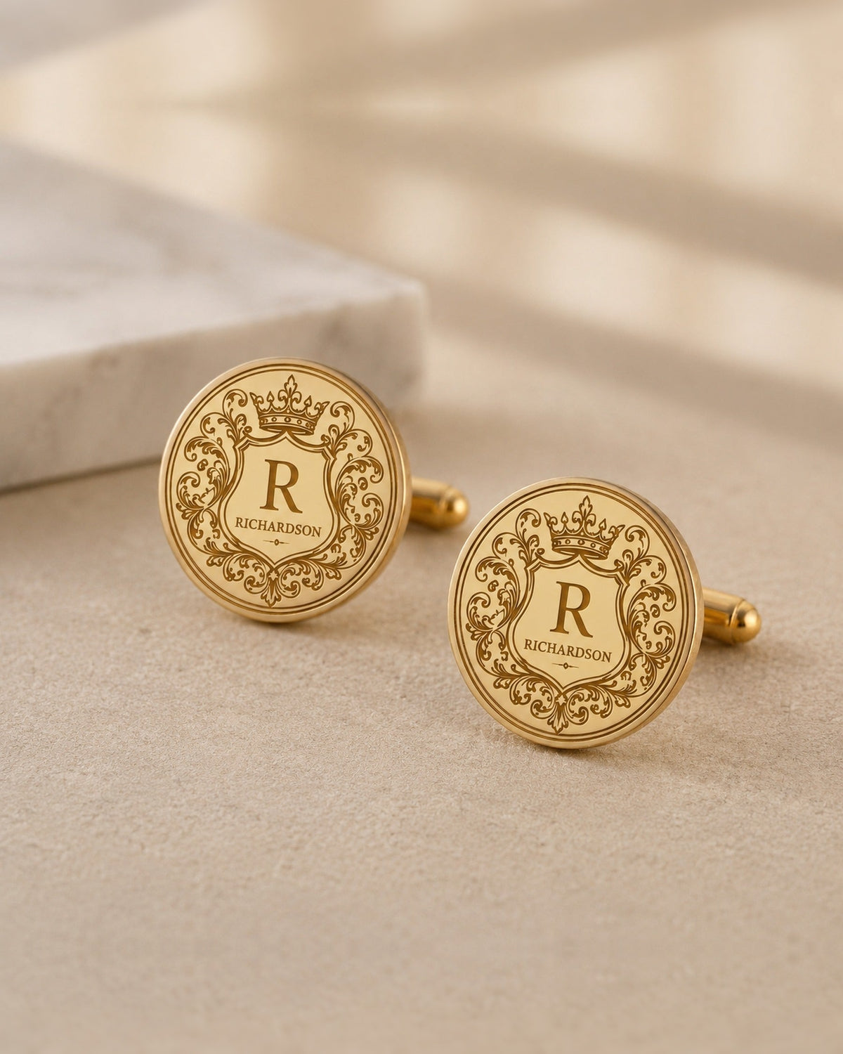 Personalized Crest Cufflinks | Custom Engraved Monogram & Surname Groom Gift