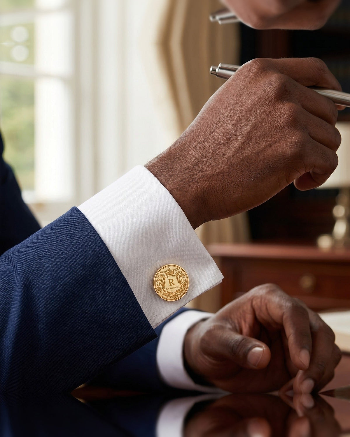Personalized Crest Cufflinks | Custom Engraved Monogram & Surname Groom Gift
