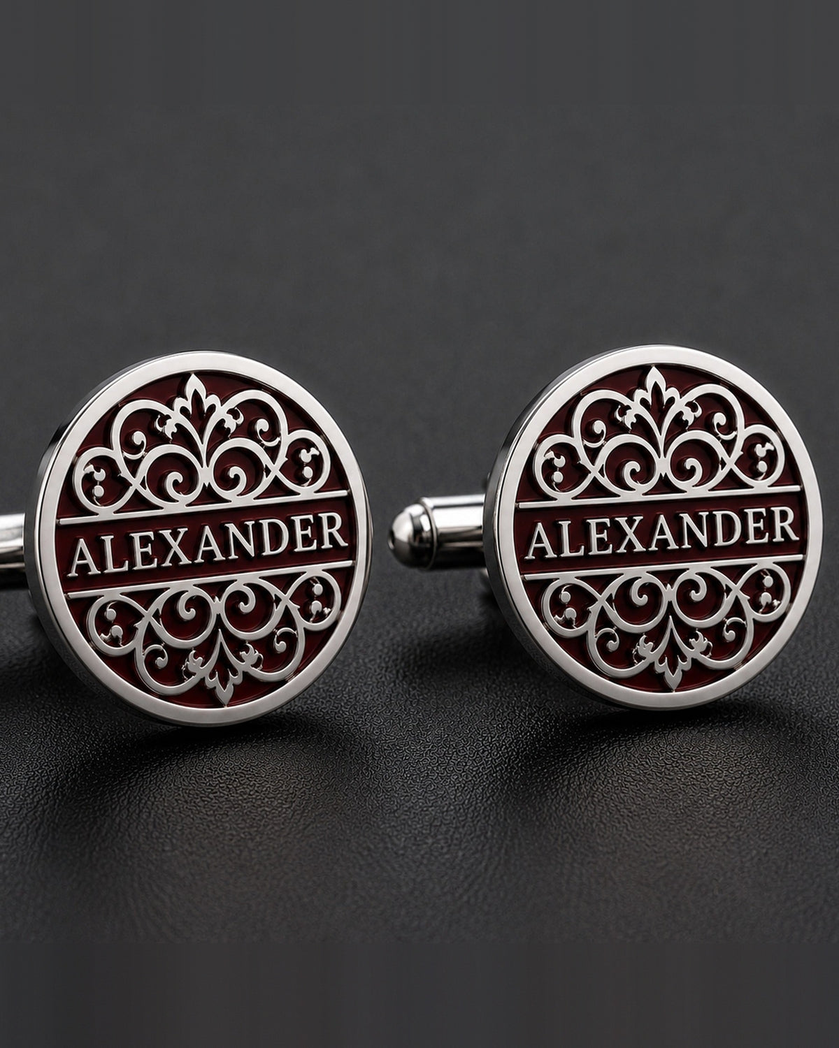 Personalized Name Cufflinks | Custom Engraved Burgundy Filigree Gift for Men