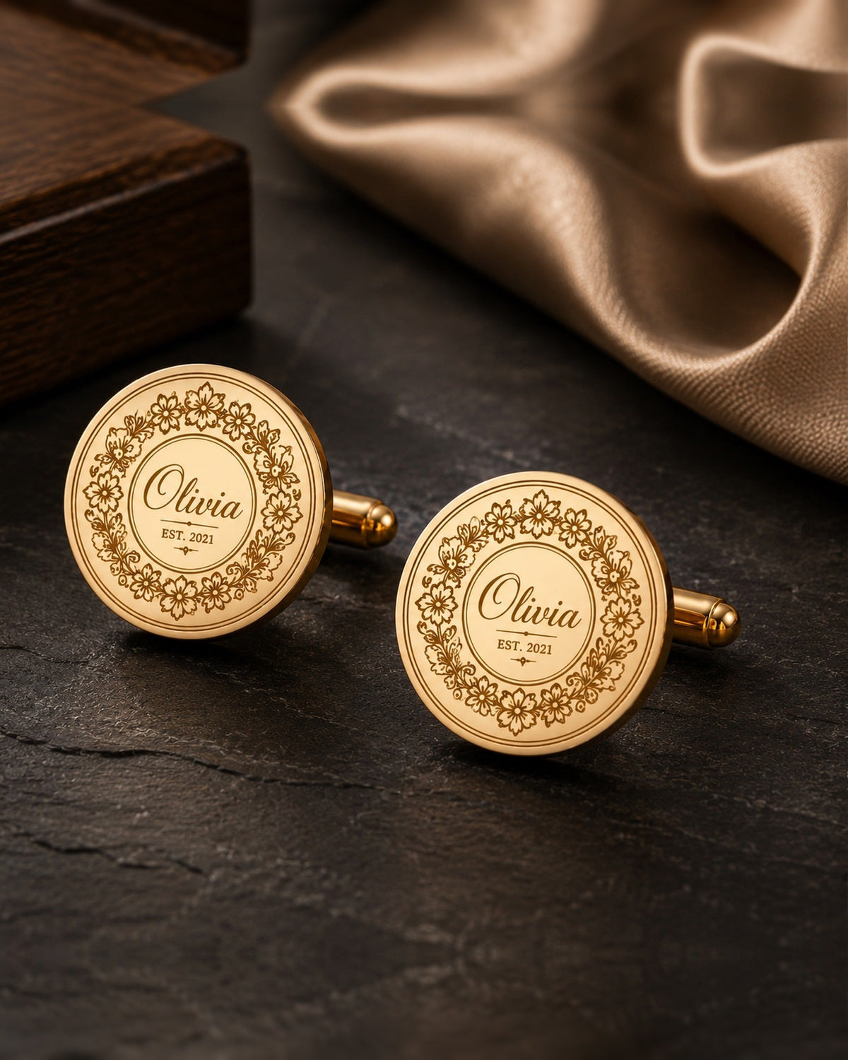 Personalized Name Cufflinks | Custom Engraved Floral Wreath Est. Date Gift