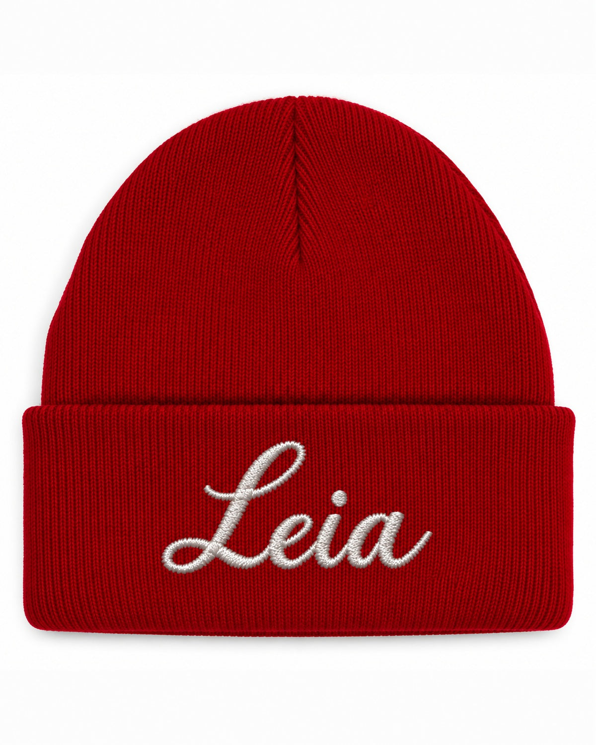 Red beanie with custom embroidery on the cuff
