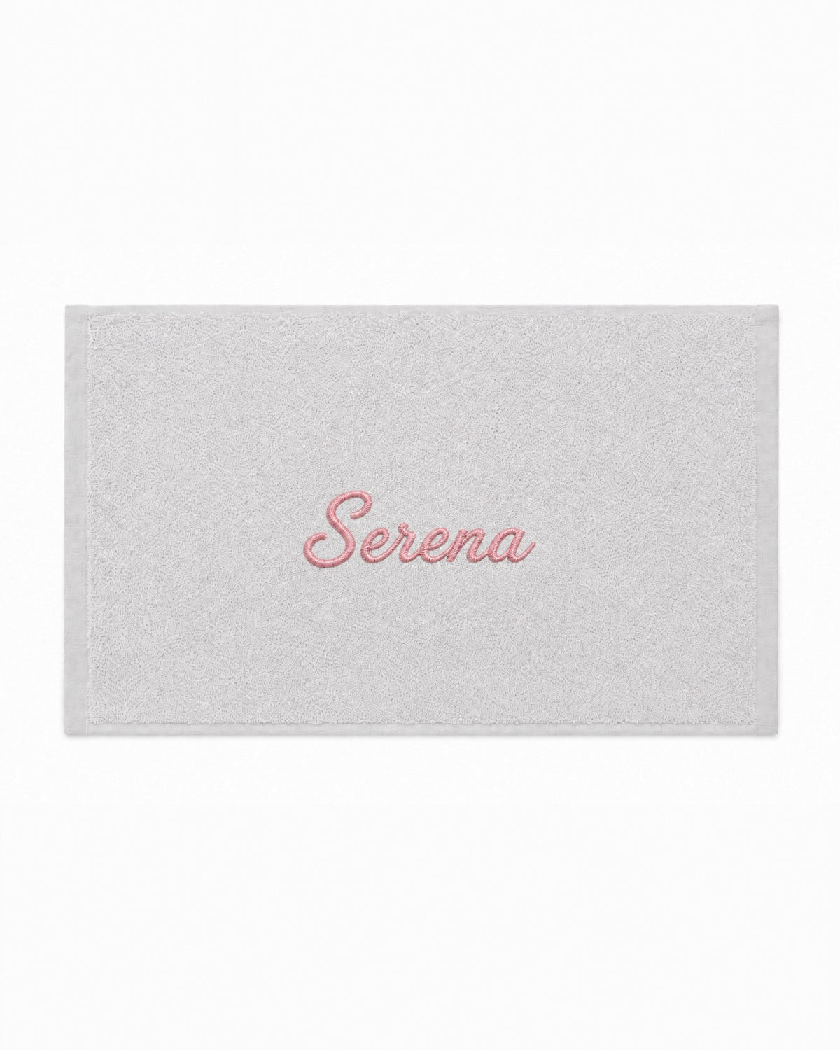 Serena personalized bamboo hand towel, pink script embroidery on light gray