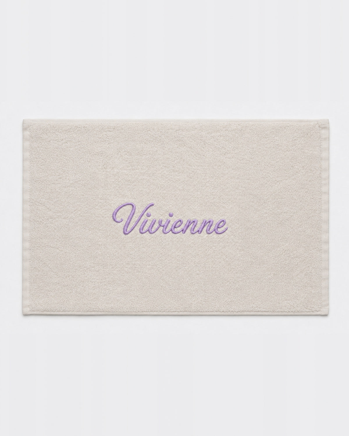 Vivienne personalized bamboo hand towel, lavender script embroidery on ivory