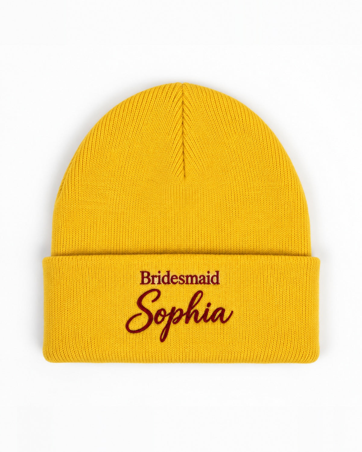 Yellow beanie with custom embroidery on the cuff